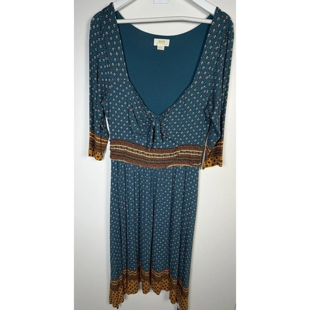 Anthropologie Maeve Large Blue Beloved Tie Front 3/4 Sleeve Jersey Midi Dress